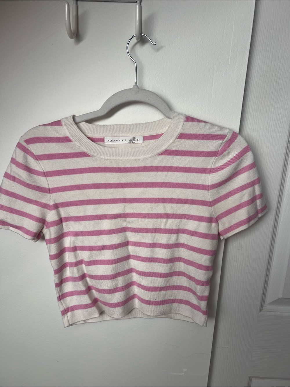 Altar'd State Pink & White Striped Cropped Tee